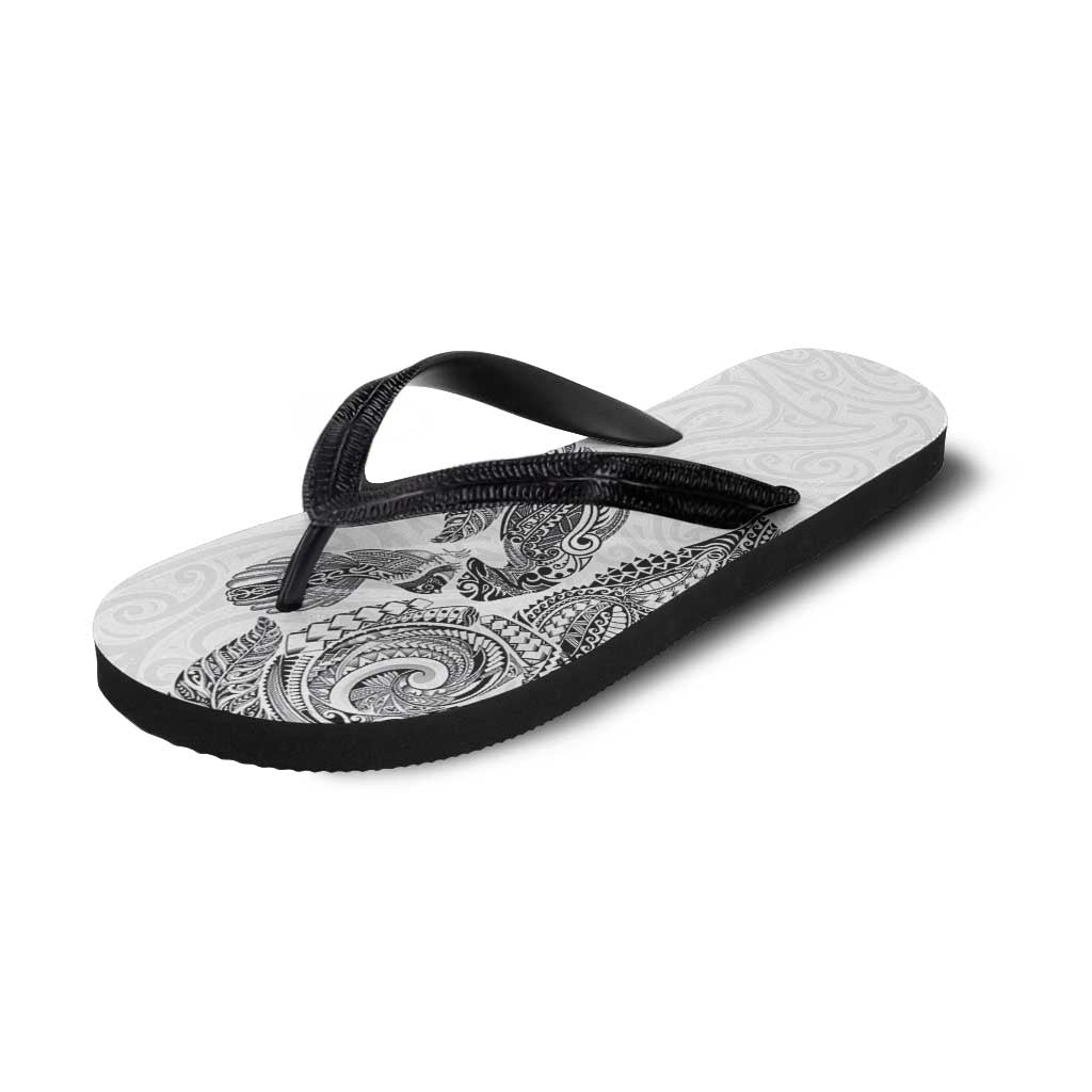 Aotearoa Moko Tribal Tattoo Flip Flops New Zealand Maori Penguin and Fantail White Color LT03 - Polynesian Pride
