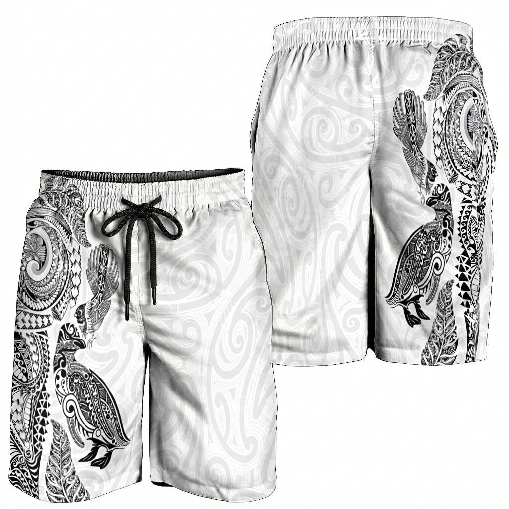 Aotearoa Moko Tribal Tattoo Shorts for Men New Zealand Maori Penguin and Fantail White Color LT03 - Polynesian Pride