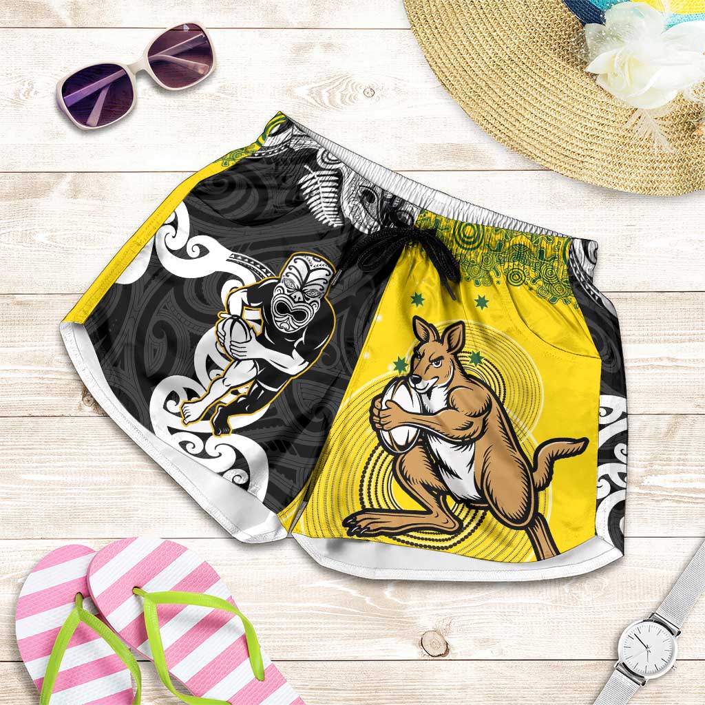 Aotearoa New Zealand and Australia Rugby Shorts for Women Maori Koru and Aboriginal Dot Art Cultural Heritage