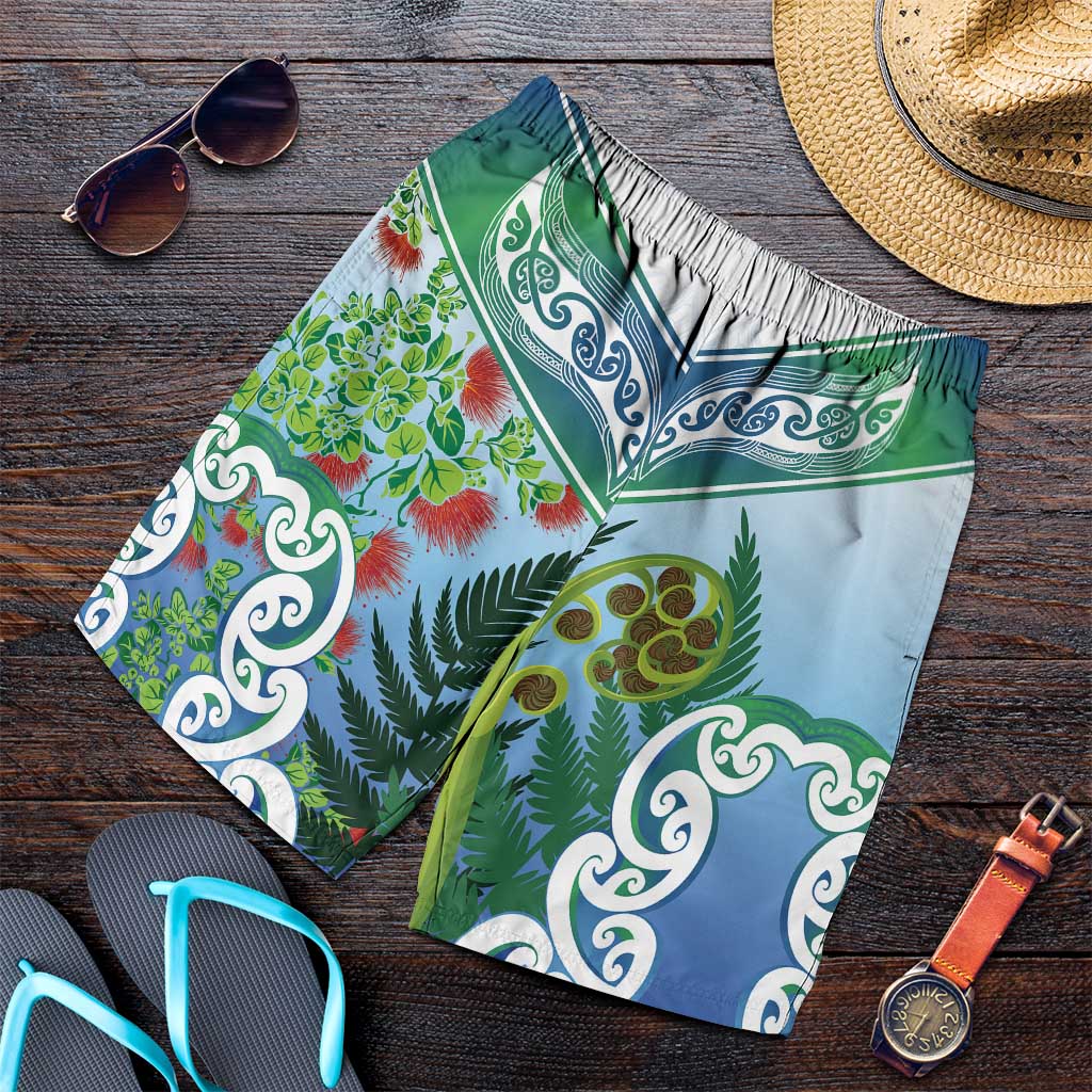 Aotearoa New Zealand Natural Plants Shorts for Men Pohutukawa with Silver Ferns Koru Frond Maori Tattoos LT03 Multicolor - Polynesian Pride