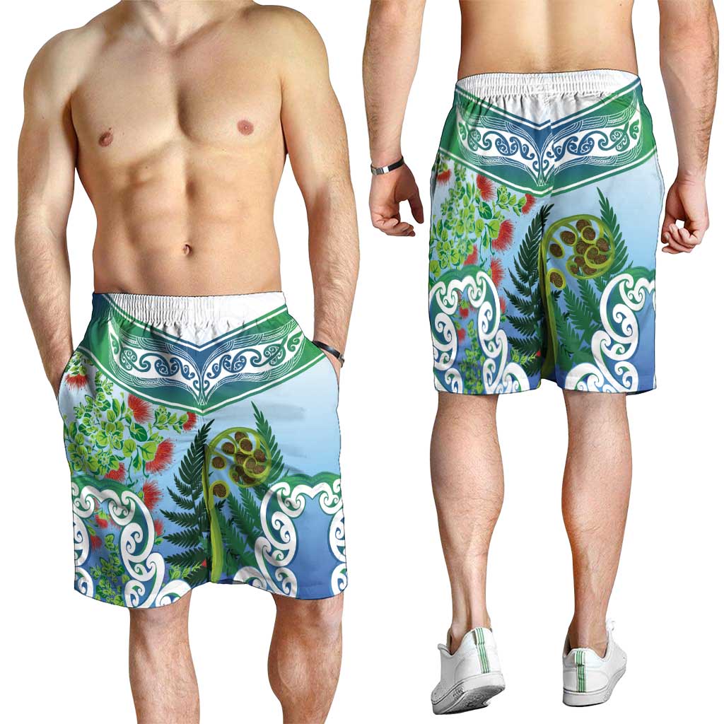 Aotearoa New Zealand Natural Plants Shorts for Men Pohutukawa with Silver Ferns Koru Frond Maori Tattoos LT03 - Polynesian Pride