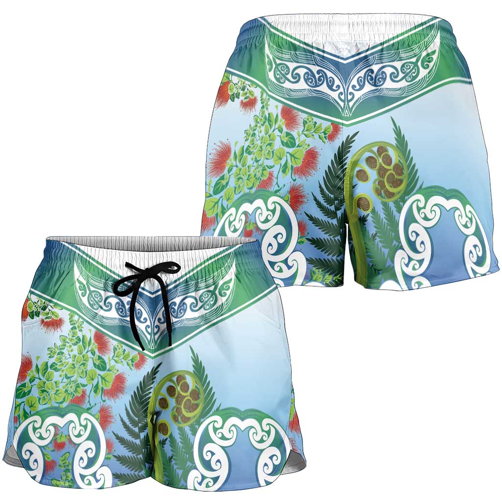 Aotearoa New Zealand Natural Plants Shorts for Women Pohutukawa with Silver Ferns Koru Frond Maori Tattoos LT03 - Polynesian Pride