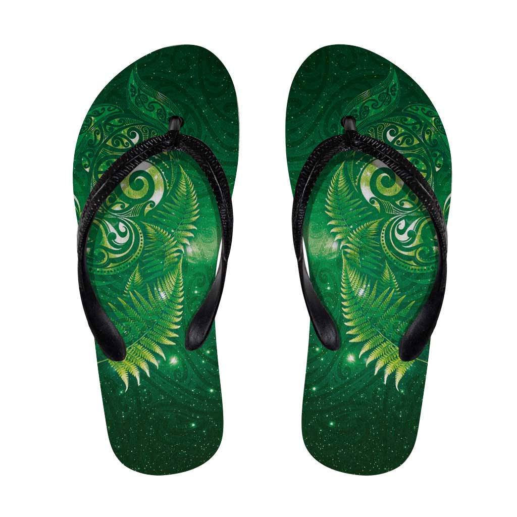 Aotearoa New Zealand New Year Flip Flops Tribal Koru Tattoo Green Galaxy Maori Silver Fern LT03 Green - Polynesian Pride