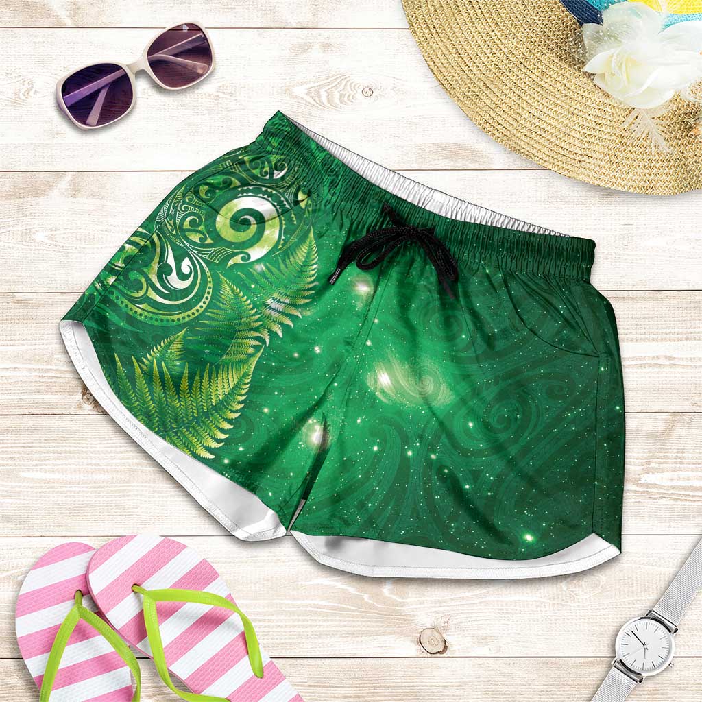 Aotearoa New Zealand New Year Shorts for Women Tribal Koru Tattoo Green Galaxy Maori Silver Fern LT03 Green - Polynesian Pride