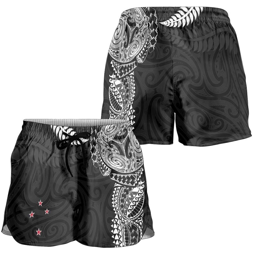 Aotearoa Volleyball Shorts for Women Silver Ferns and Maori Tribal Black LT03 - Polynesian Pride