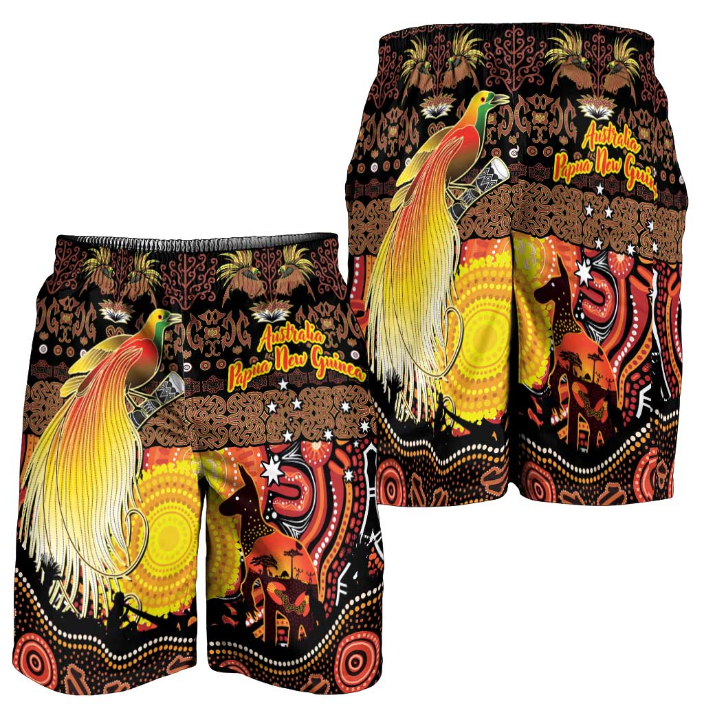 Australia and Papua New Guinea Together Shorts for Men Kangaroo Aboriginal Art and Bird-of-paradise Oro Tribal Motifs LT03 - Polynesian Pride