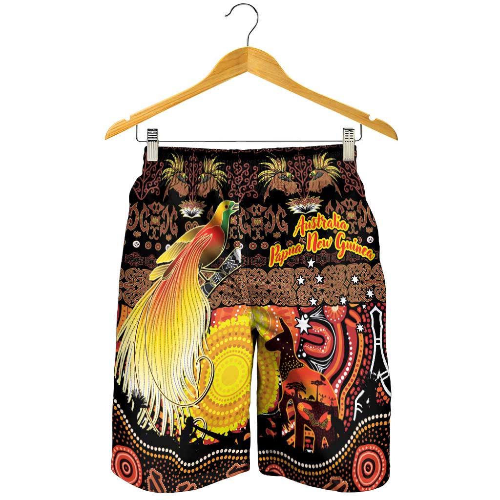 Australia and Papua New Guinea Together Shorts for Men Kangaroo Aboriginal Art and Bird-of-paradise Oro Tribal Motifs LT03 - Polynesian Pride