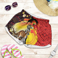 Australia and Papua New Guinea Together Shorts for Women Bird-of-paradise and Kangaroo with Oro Tapa and Aboriginal Art Motifs LT03 Black - Polynesian Pride