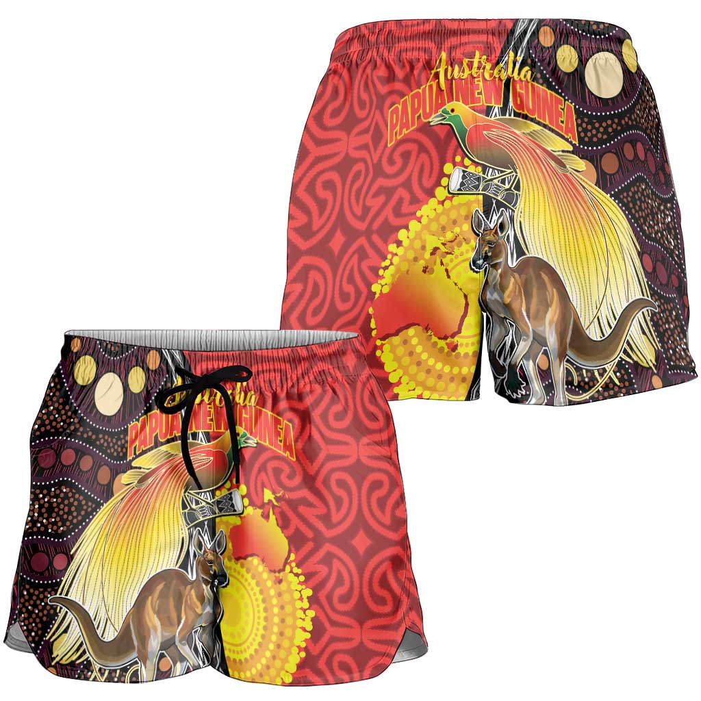 Australia and Papua New Guinea Together Shorts for Women Bird-of-paradise and Kangaroo with Oro Tapa and Aboriginal Art Motifs LT03 - Polynesian Pride