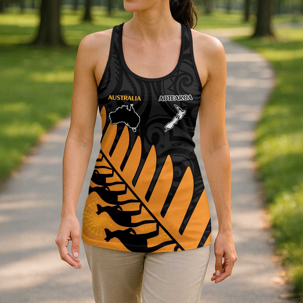 Australia New Zealand Rugby Hollow Tank Top Gold Aboriginal Wallabies and Maori Black Fern LT9 - Polynesian Pride