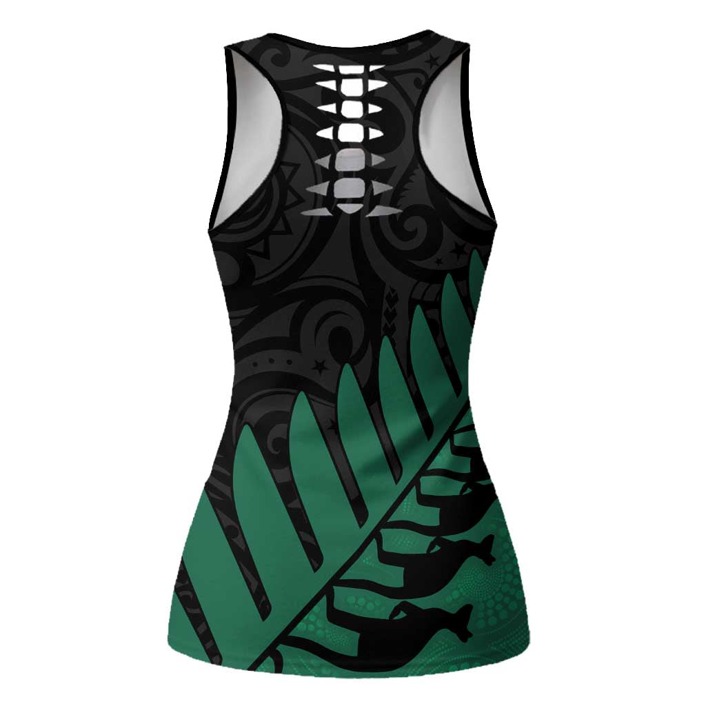 Australia New Zealand Rugby Hollow Tank Top Green Aboriginal Wallabies and Maori Black Fern LT9 - Polynesian Pride