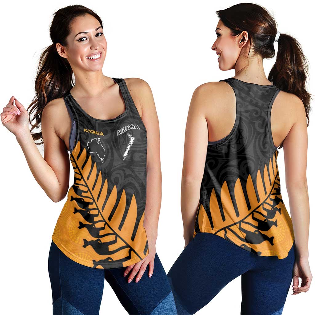 Australia New Zealand Rugby Women Racerback Tank Gold Aboriginal Wallabies and Maori Black Fern LT9 - Polynesian Pride