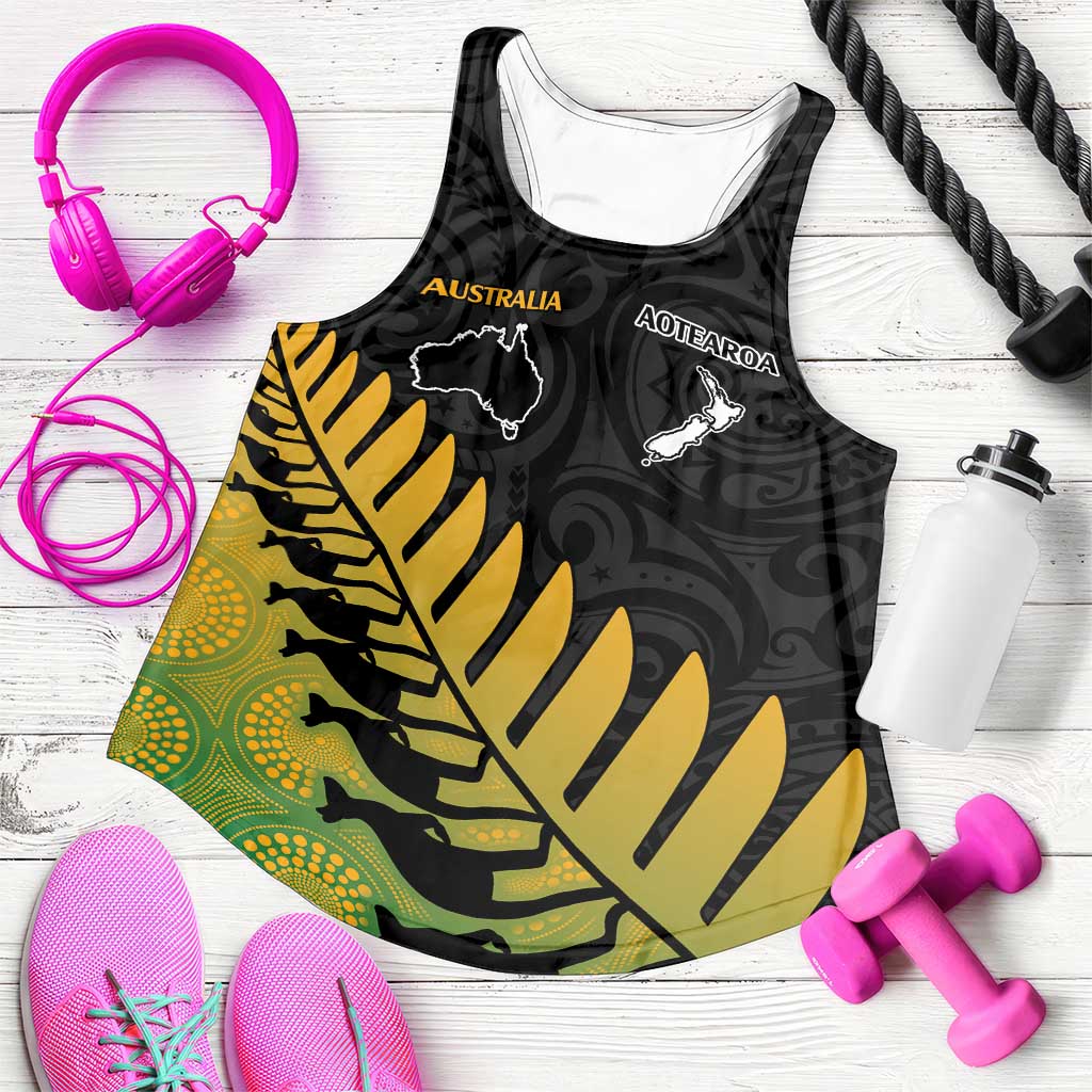 Australia New Zealand Rugby Women Racerback Tank Gradient Aboriginal Wallabies and Maori Black Fern LT9 Gradient - Polynesian Pride