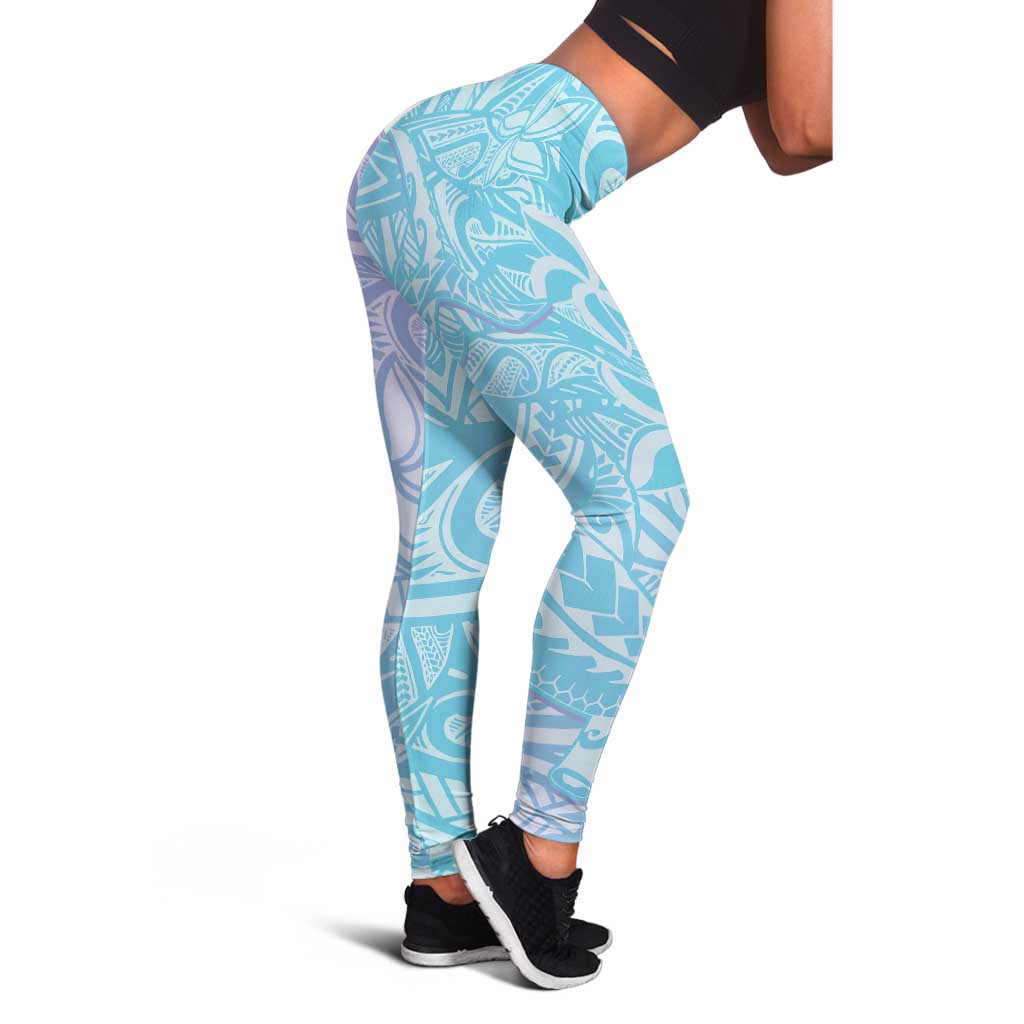 Baby Blue Gradient Polynesia Leggings Hawaiian Tribal Hammerhead Shark Tattoo - Polynesian Pride