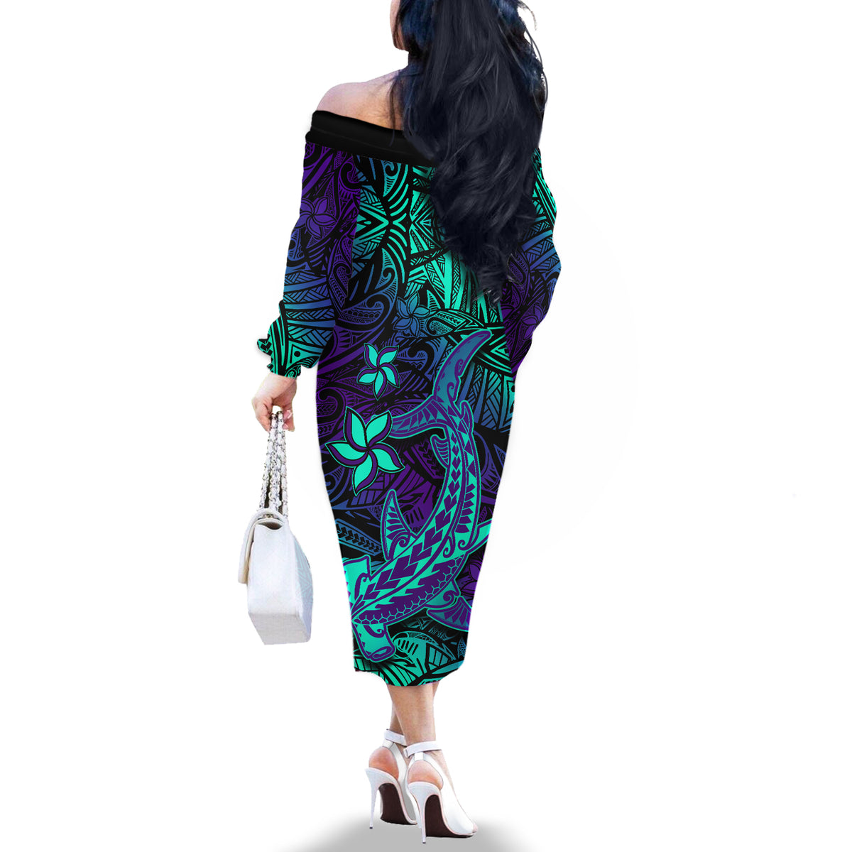 Purple Polynesian Couples Matching Off The Shoulder Long Sleeve Dress and Long Sleeve Button Shirt Tribal Hammerhead Shark LT14 - Polynesian Pride