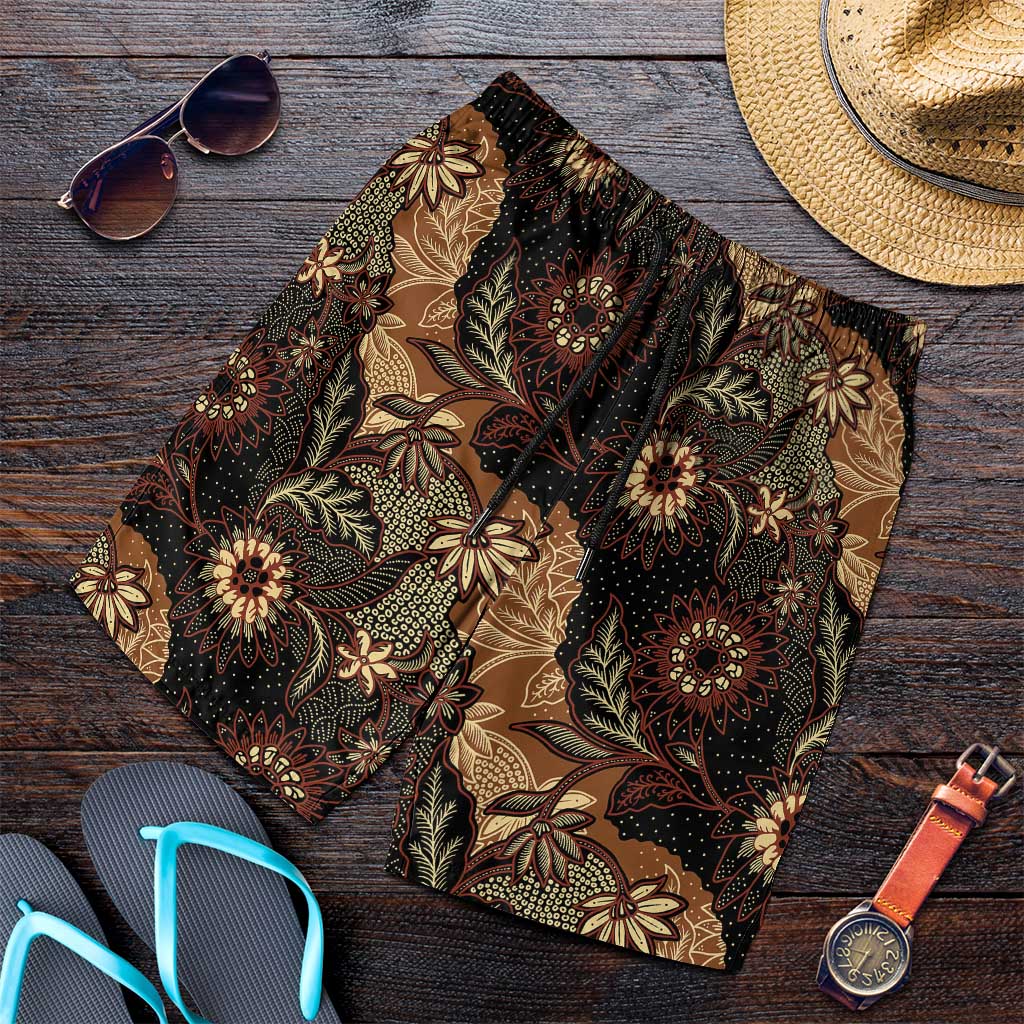 Batik Pedalaman Semen Lereng Style Shorts for Men Indonesian Traditional Pattern LT01 Black - Polynesian Pride