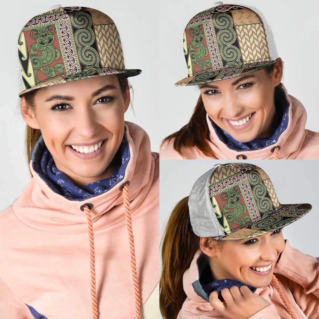 Beige Aotearoa Kowhaiwhai Pattern Mesh Trucker Cap NZ Maori Quilt Style - Polynesian Pride