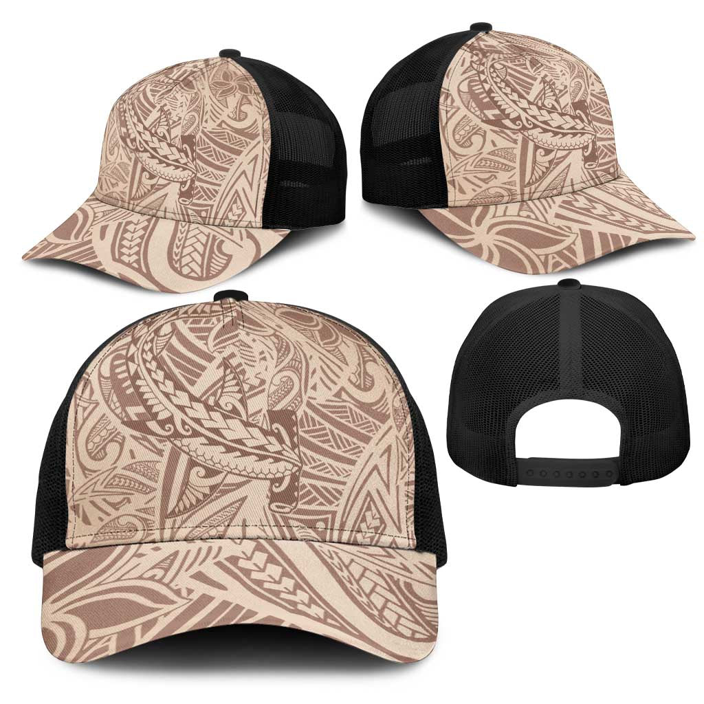 Beige Gradient Polynesia Mesh Trucker Cap Hawaiian Tribal Hammerhead Shark Tattoo - Polynesian Pride