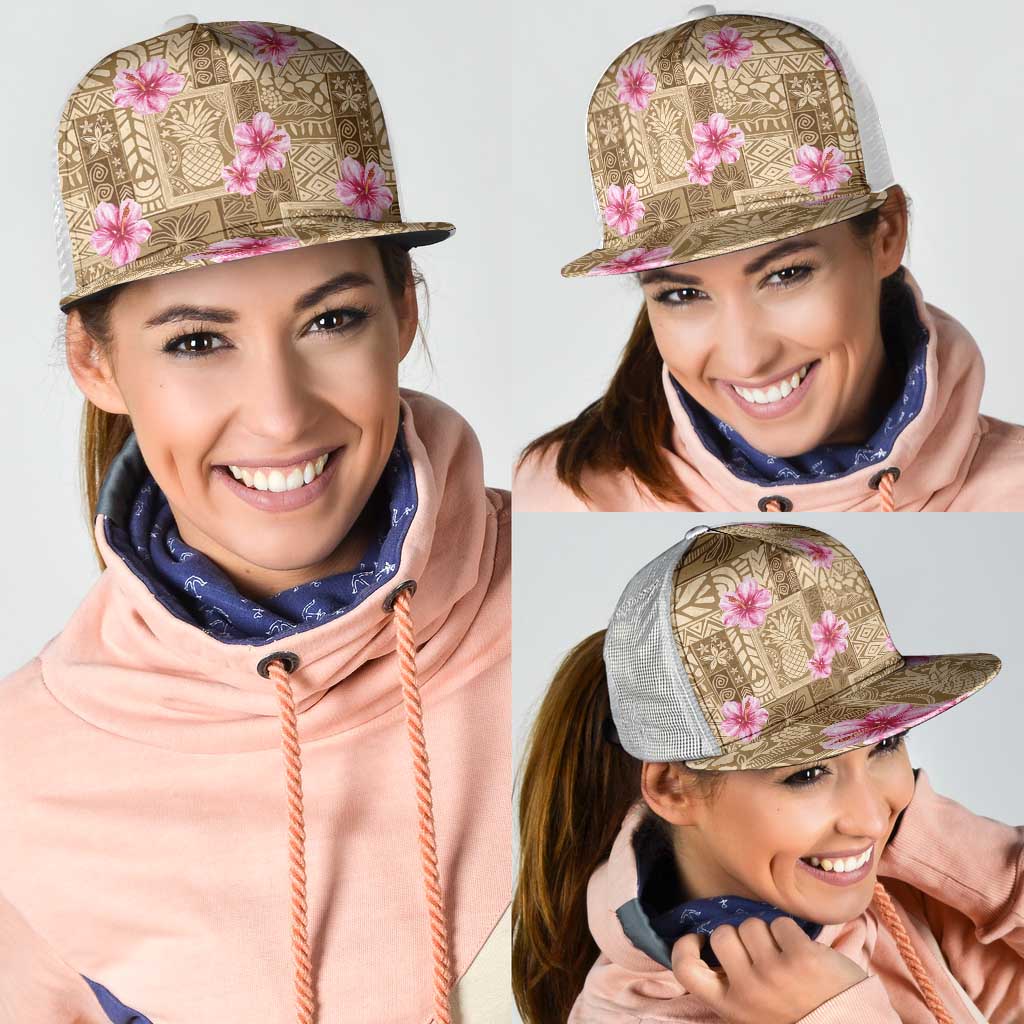Beige Hawaii Hibiscus With Tropical Flowers Motifs Mesh Trucker Cap - Polynesian Pride