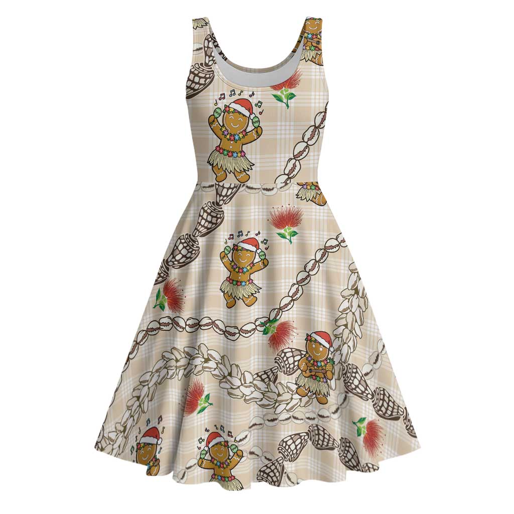 Beige Palaka Hawaii Mele Kalikimaka Midi Dress Ohia Lehua Shell Leis Funny Gingerbread Santa LT14 Beige - Polynesian Pride