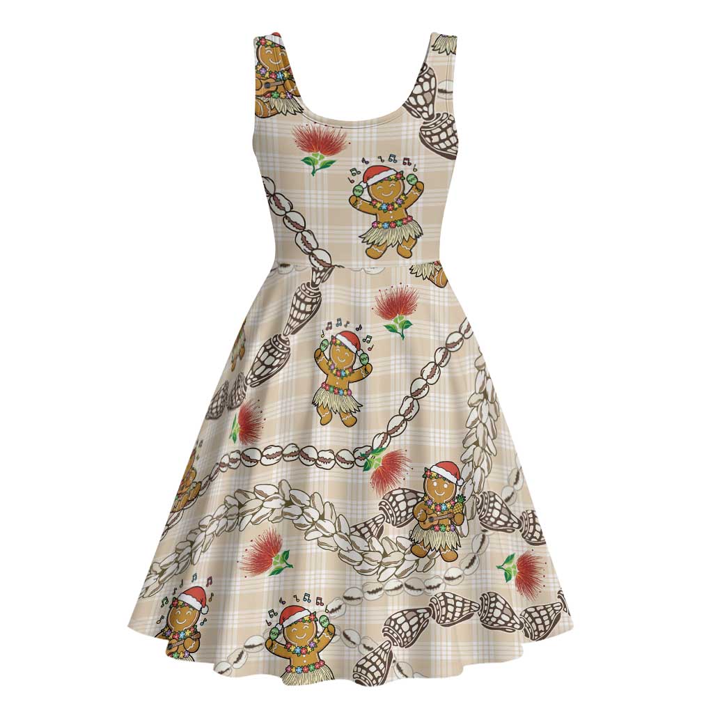 Beige Palaka Hawaii Mele Kalikimaka Midi Dress Ohia Lehua Shell Leis Funny Gingerbread Santa LT14 - Polynesian Pride