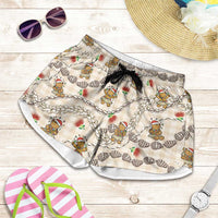 Beige Palaka Hawaii Mele Kalikimaka Shorts for Women Ohia Lehua Shell Leis Funny Gingerbread Santa LT14 Beige - Polynesian Pride
