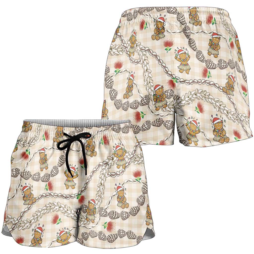 Beige Palaka Hawaii Mele Kalikimaka Shorts for Women Ohia Lehua Shell Leis Funny Gingerbread Santa LT14 - Polynesian Pride