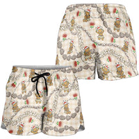 Beige Palaka Hawaii Mele Kalikimaka Shorts for Women Ohia Lehua Shell Leis Funny Gingerbread Santa LT14 - Polynesian Pride