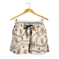 Beige Palaka Hawaii Mele Kalikimaka Shorts for Women Ohia Lehua Shell Leis Funny Gingerbread Santa LT14 - Polynesian Pride