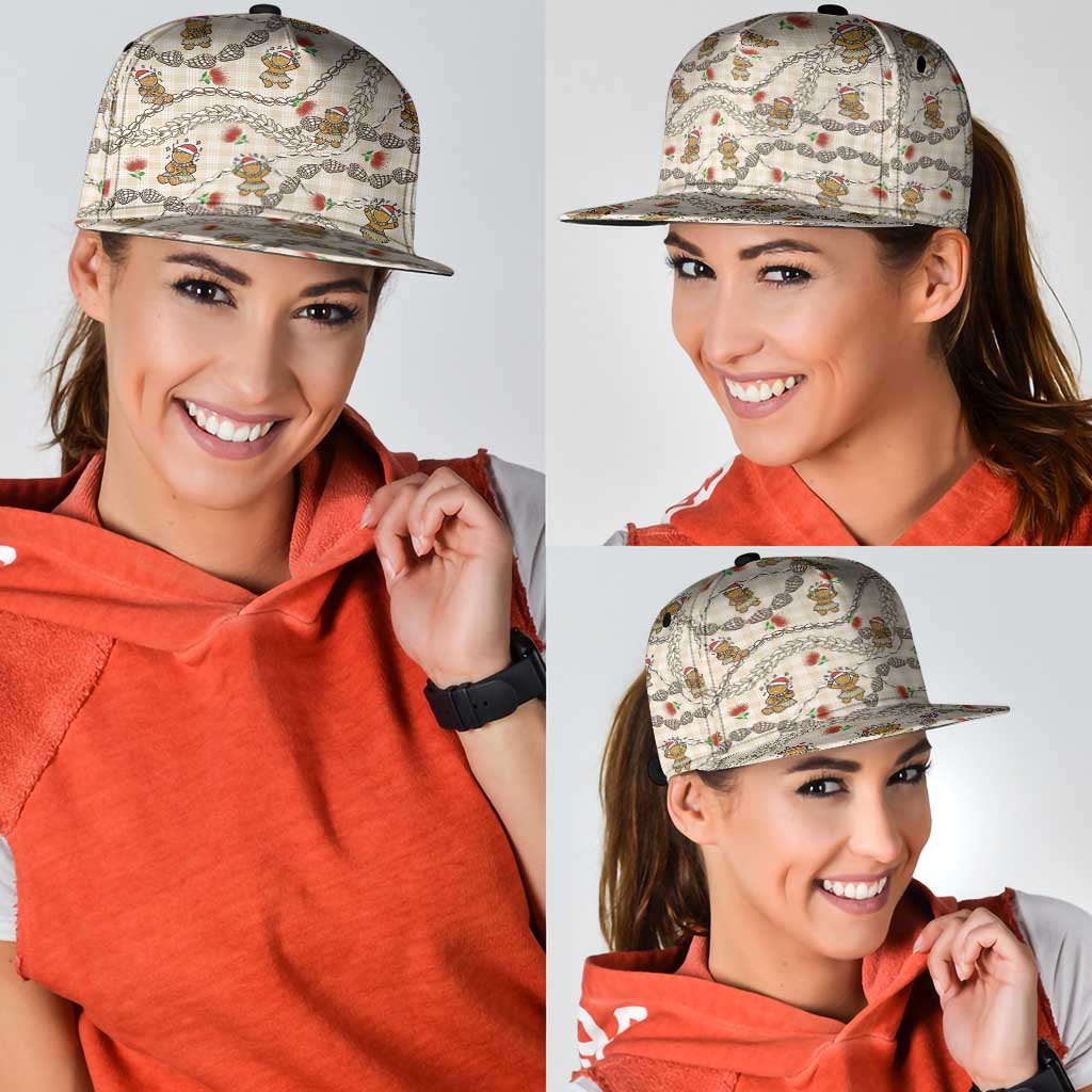 Beige Palaka Hawaii Mele Kalikimaka Snapback Cap Ohia Lehua Shell Leis Funny Gingerbread Santa - Polynesian Pride