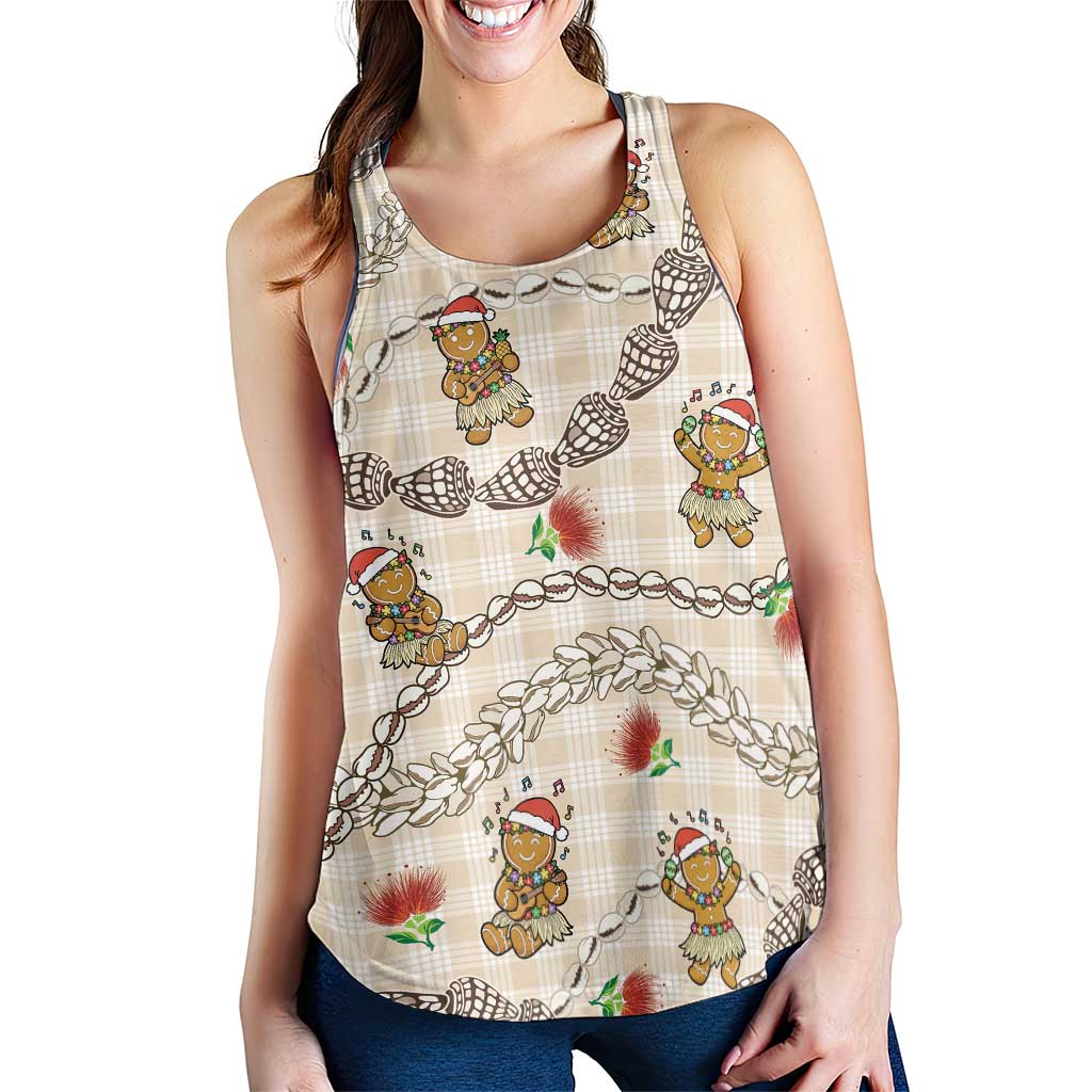 Beige Palaka Hawaii Mele Kalikimaka Women Racerback Tank Ohia Lehua Shell Leis Funny Gingerbread Santa LT14 - Polynesian Pride