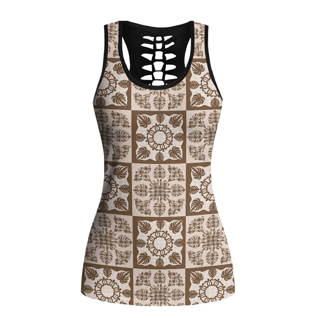 Beige Palaka Quilt Hawaii Hollow Tank Top Hawaiian Tropical Monstera Sea Turtle