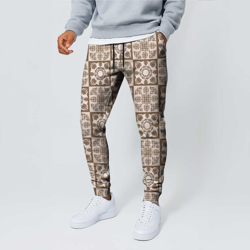 Beige Palaka Quilt Hawaii Jogger Pants Hawaiian Tropical Monstera Sea Turtle