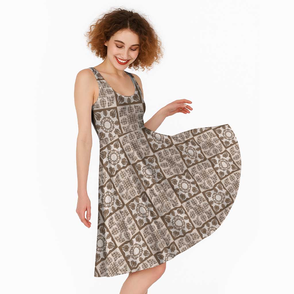 Beige Palaka Quilt Hawaii Midi Dress Hawaiian Tropical Monstera Sea Turtle