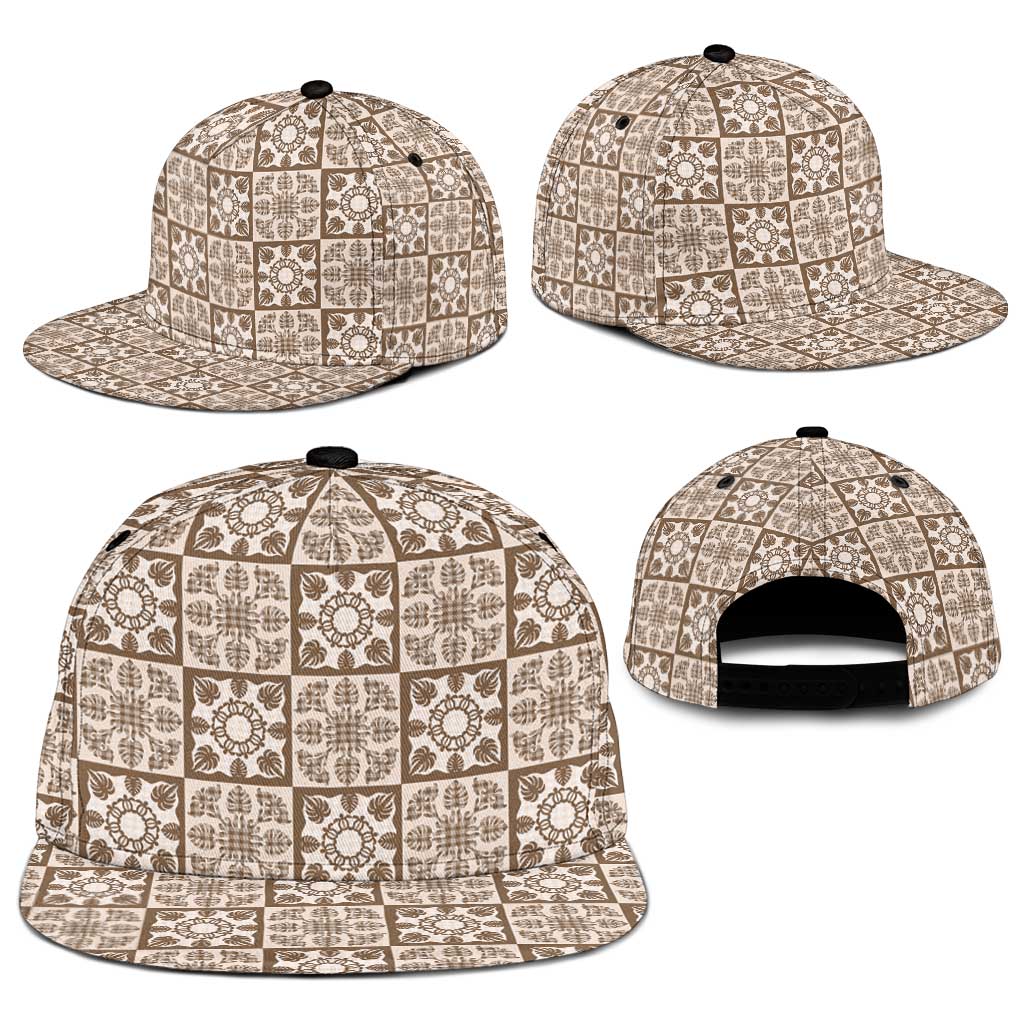 Beige Palaka Quilt Hawaii Snapback Cap Hawaiian Tropical Monstera Sea Turtle