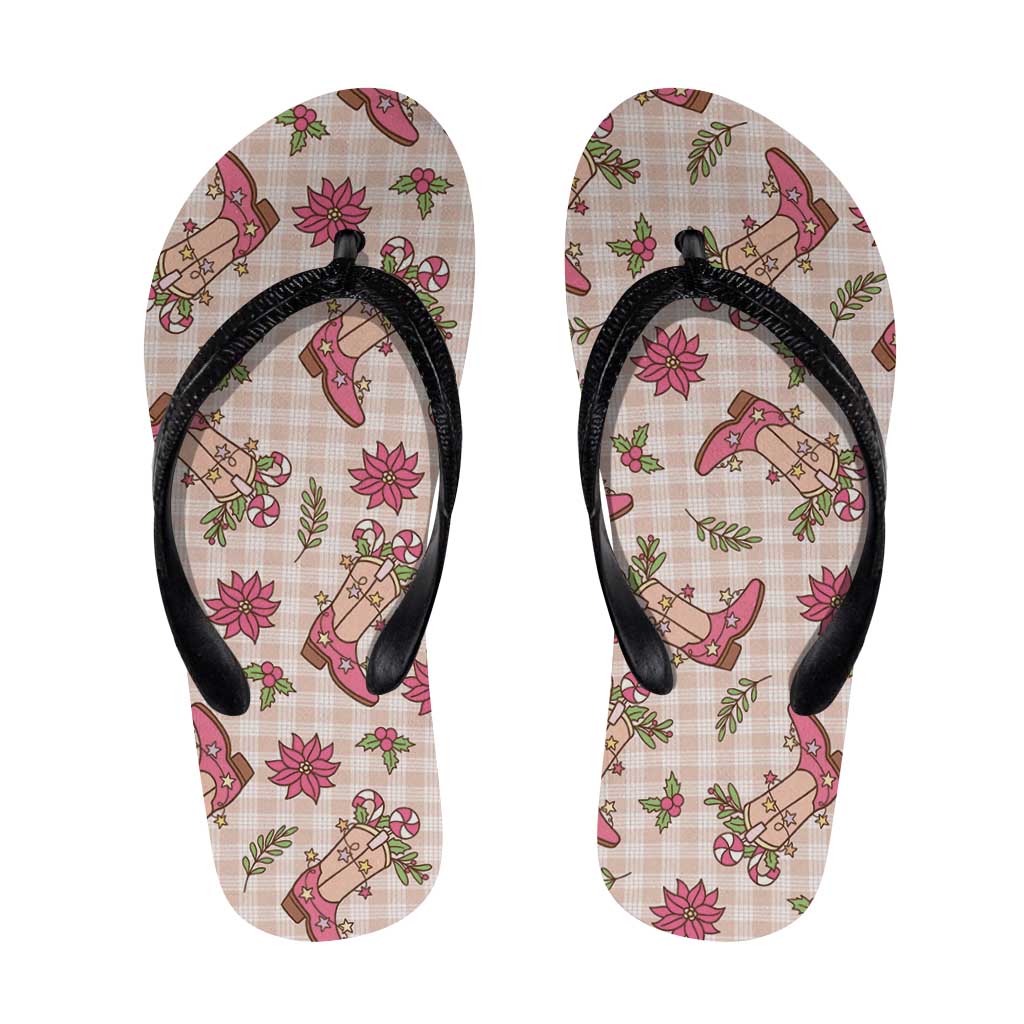 Beige Paniolo Palaka Hawaiian Cowgirl Christmas Flip Flops - Polynesian Pride