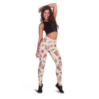 Beige Paniolo Palaka Hawaiian Cowgirl Christmas Leggings - Polynesian Pride