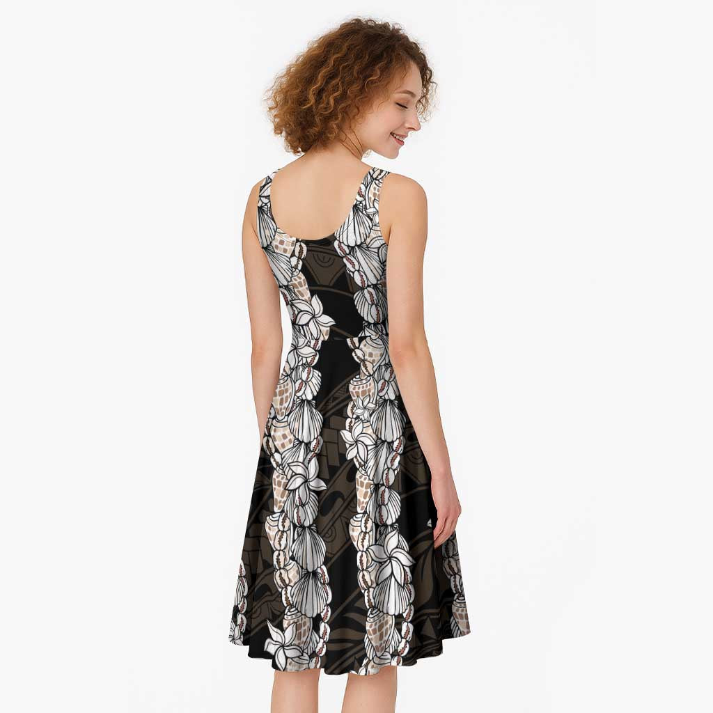 Black and Beige Hawaii Shell Lei Midi Dress Hawaiian Sunrise Shell Hebrew Cone Plumeria - Polynesian Pride