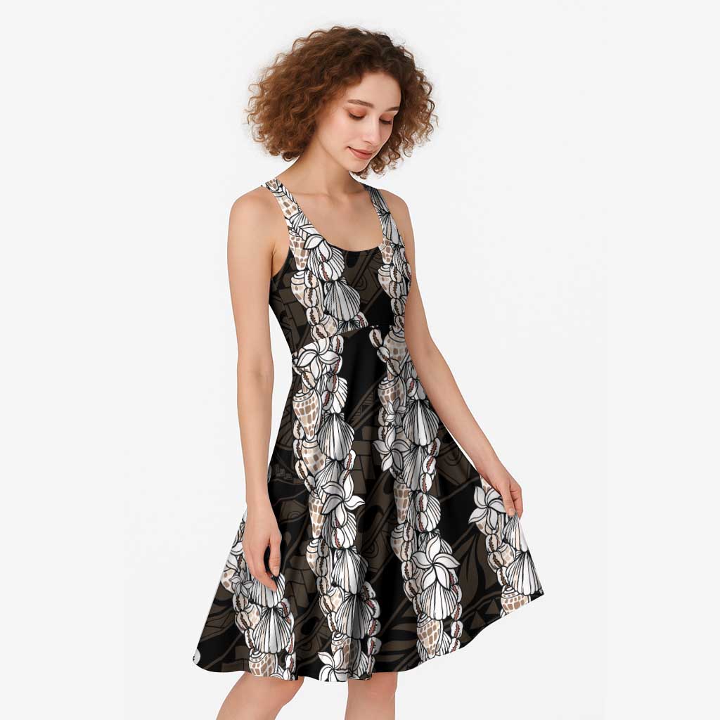 Black and Beige Hawaii Shell Lei Midi Dress Hawaiian Sunrise Shell Hebrew Cone Plumeria - Polynesian Pride