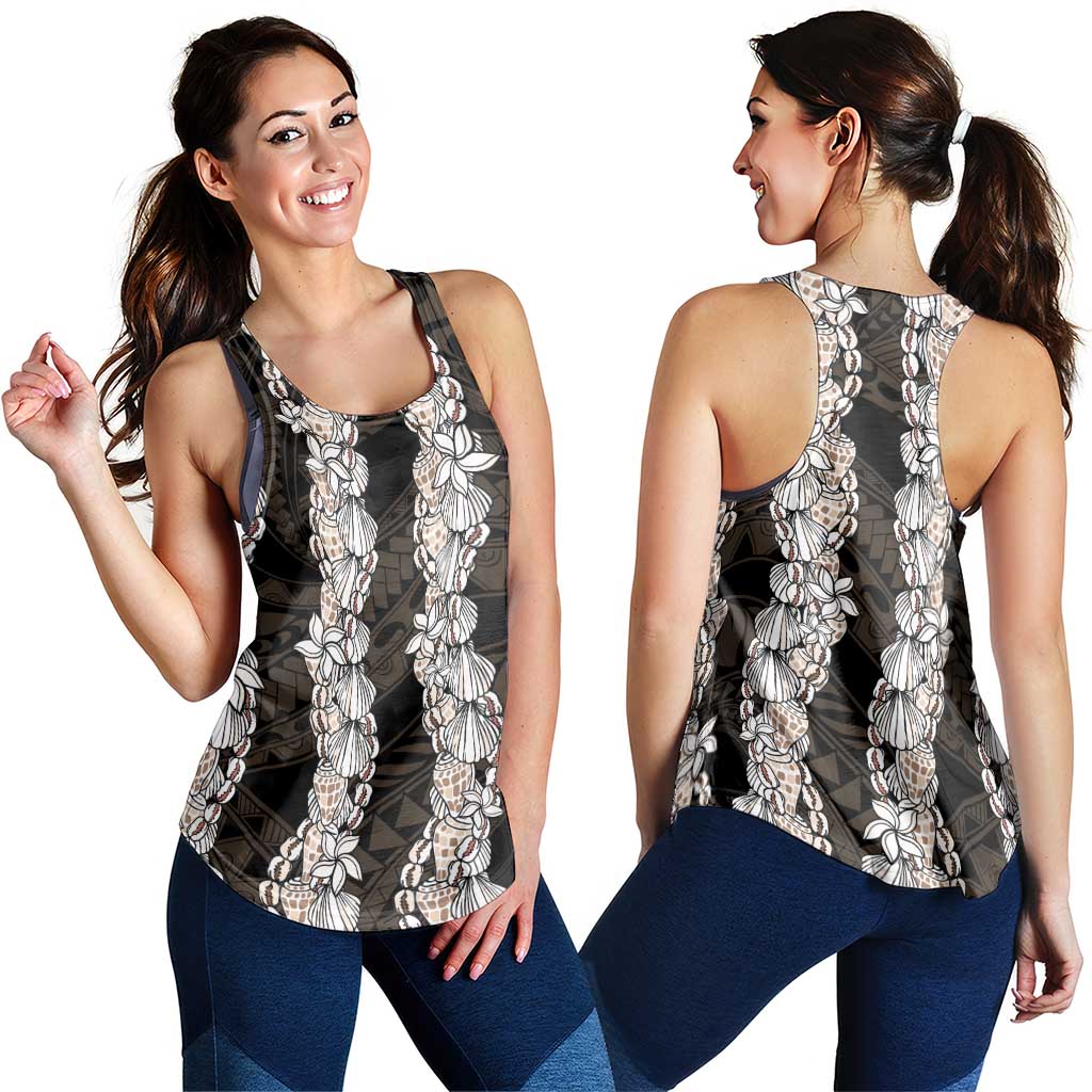 Black and Beige Hawaii Shell Lei Women Racerback Tank Hawaiian Sunrise Shell Hebrew Cone Plumeria - Polynesian Pride