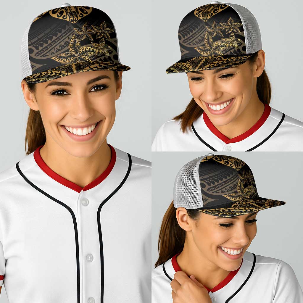 Black and Gold Polynesia Baseball Net Cap Plumeria Tattoo With Polynesian Pattern - Polynesian Pride