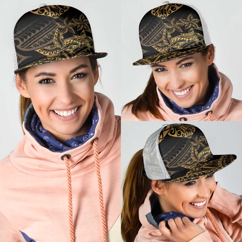 Black and Gold Polynesia Mesh Trucker Cap Plumeria Tattoo With Polynesian Pattern - Polynesian Pride