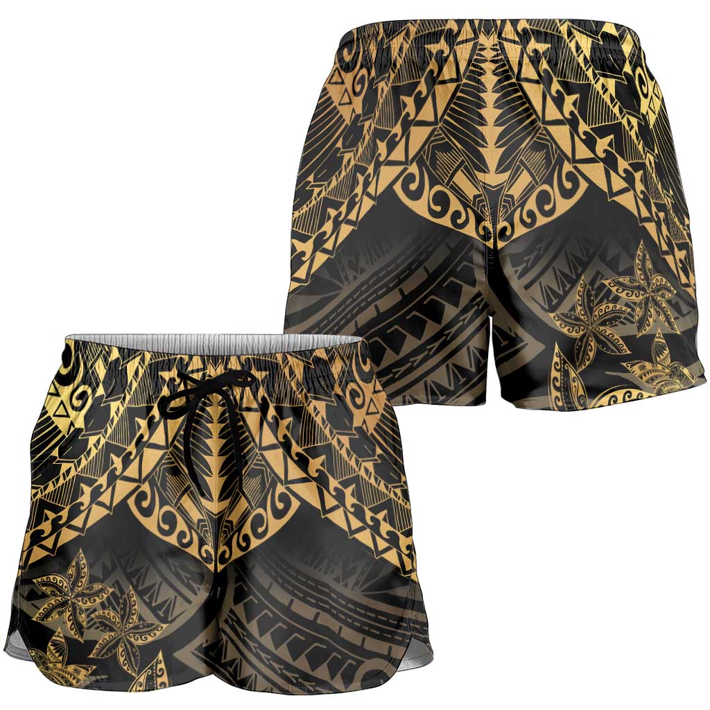 Black and Gold Polynesia Shorts for Women Plumeria Tattoo With Polynesian Pattern LT14 - Polynesian Pride