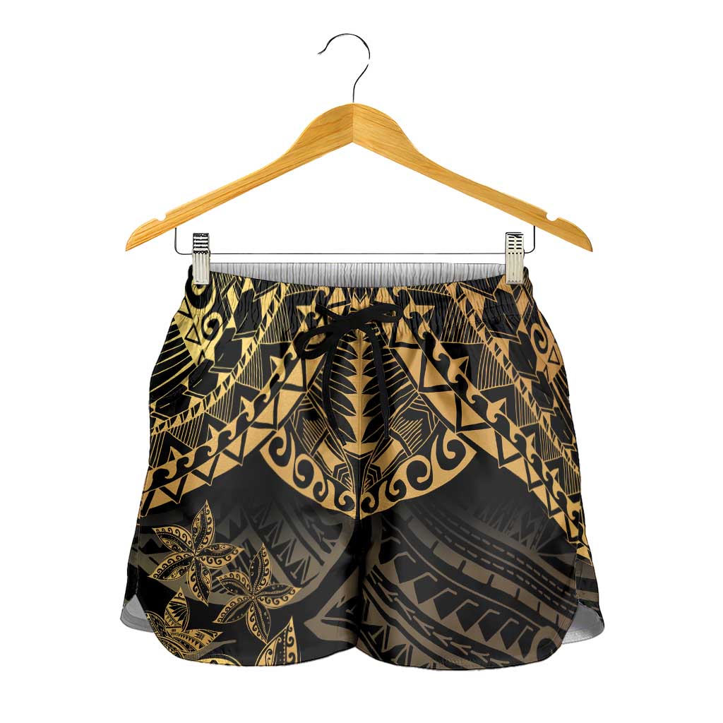 Black and Gold Polynesia Shorts for Women Plumeria Tattoo With Polynesian Pattern LT14 - Polynesian Pride
