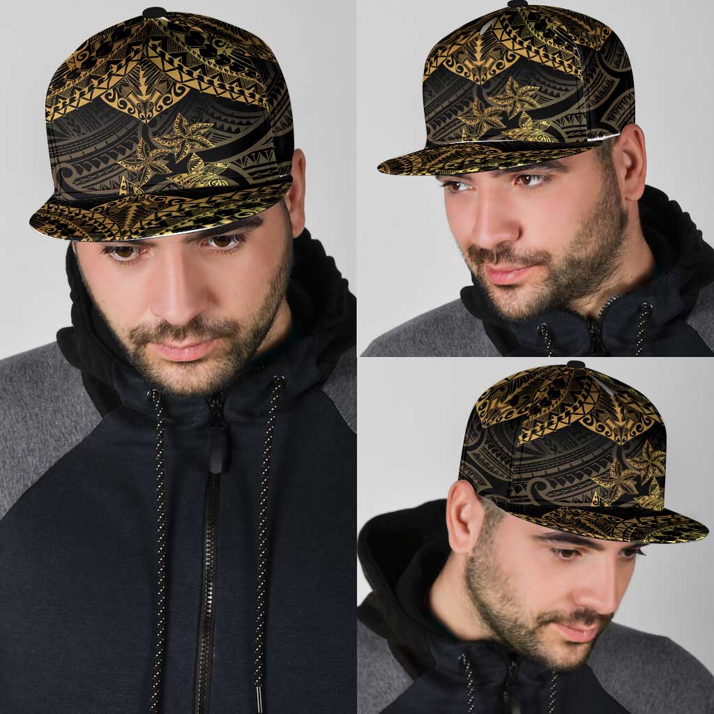 Black and Gold Polynesia Snapback Cap Plumeria Tattoo With Polynesian Pattern - Polynesian Pride