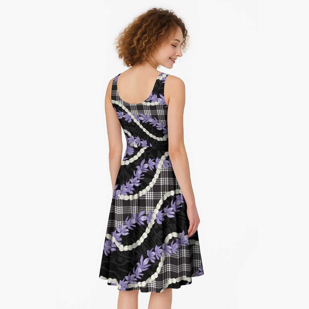 Black Hawaii Palaka Honohono Pikake Midi Dress Hawaiian Orchid Lei Polynesian Pattern LT14 - Polynesian Pride