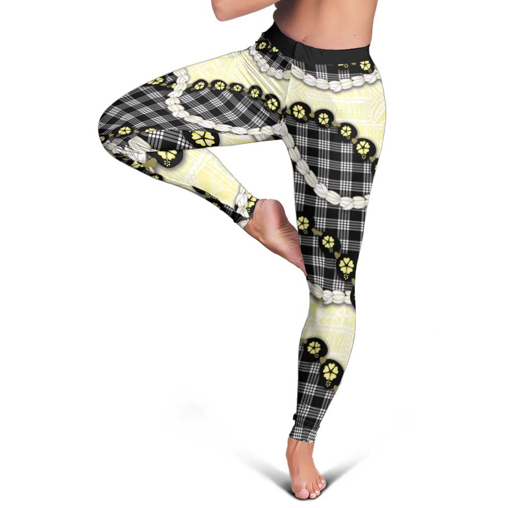 Black Palaka Hawaii Leggings Kukui Nut Pikake Lei Hawaiian Tapa Pattern LT14 - Polynesian Pride
