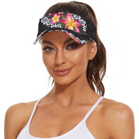 Black Polynesia Sun Visor Cap Plumeria With Hibiscus Pattern Tropical Vibes