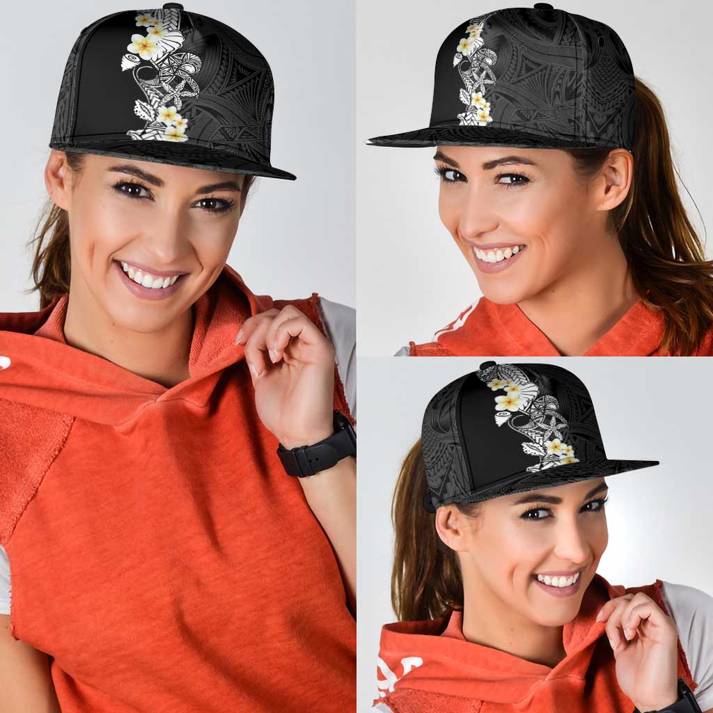 Black Samoa Tattoo Snapback Cap Plumeria Samoan Ocean Tatau Pattern - Polynesian Pride