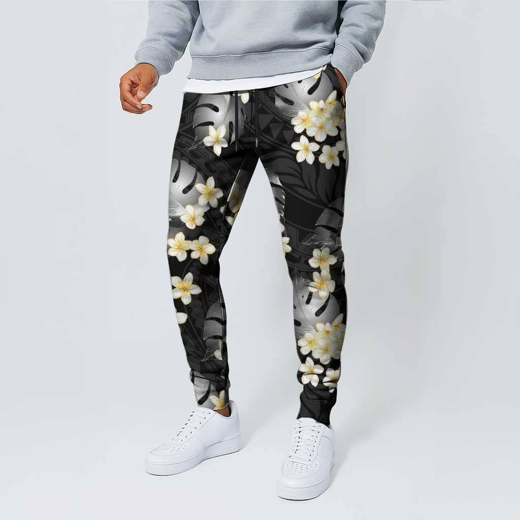 Black Tropical Hawaii Jogger Pants Seamless Monstera Plumeria Hawaiian Pattern - Polynesian Pride
